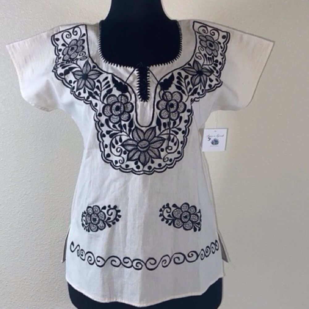 White Short Sleeve Boxy Blouse with Black Embroidery